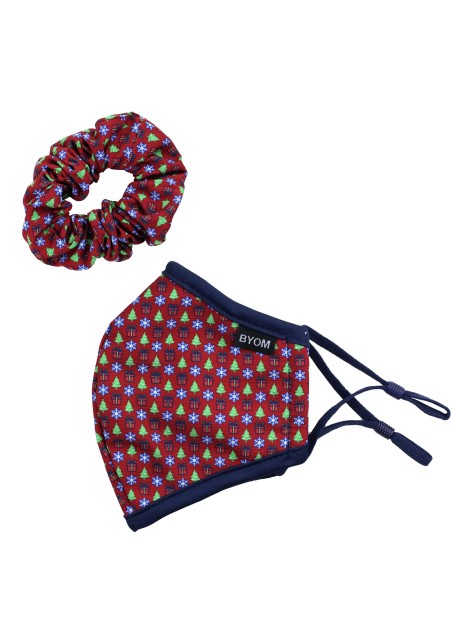 Christmas Print Mask and Hair Band in Reds and Greens