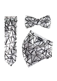 Geo Print Tie and Mask Set in Metallic Silver and Black