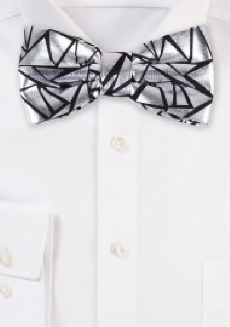 Geo Print Bow Tie in Metallic Silver and Black