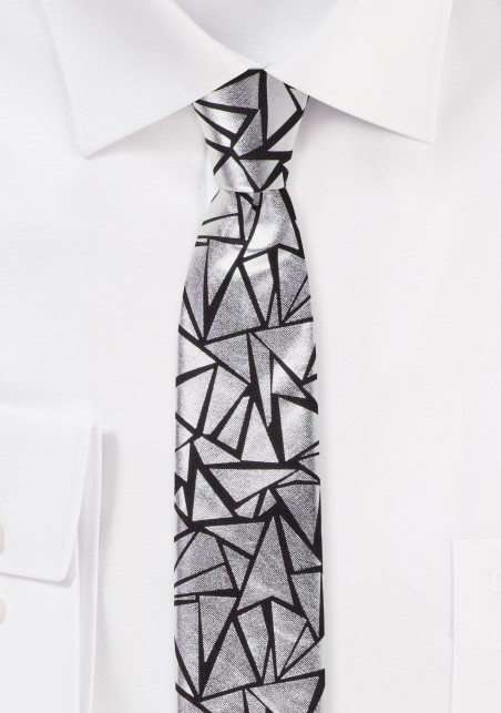 Geo Print Tie in Metallic Silver and Black