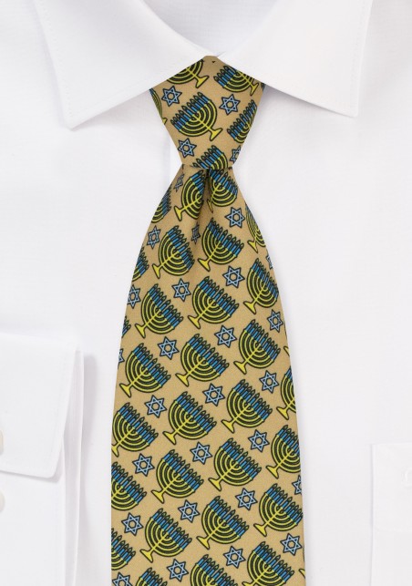 Gold Face Necktie in Hanukkah Print