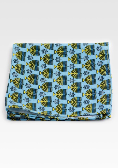 Light Blue and Gold Menorah Print Hanky