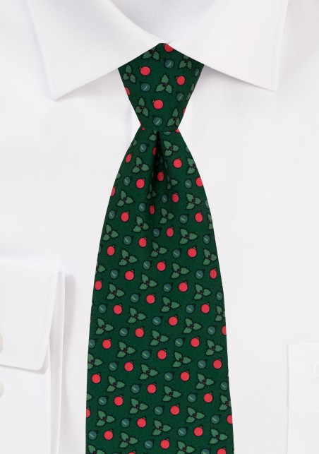 Dark Green Holly Print Christmas Necktie