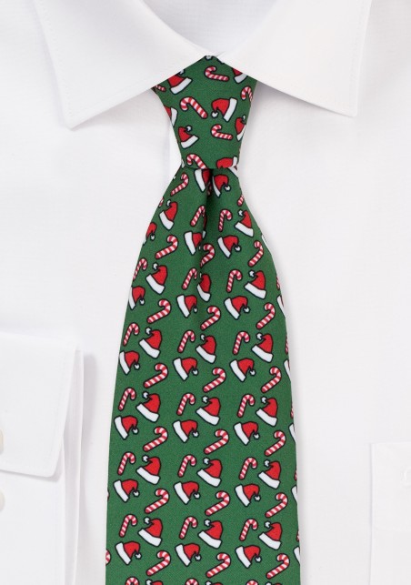Green Neckie with Santa Hats and Candy Canes