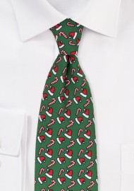 Green Neckie with Santa Hats and Candy Canes