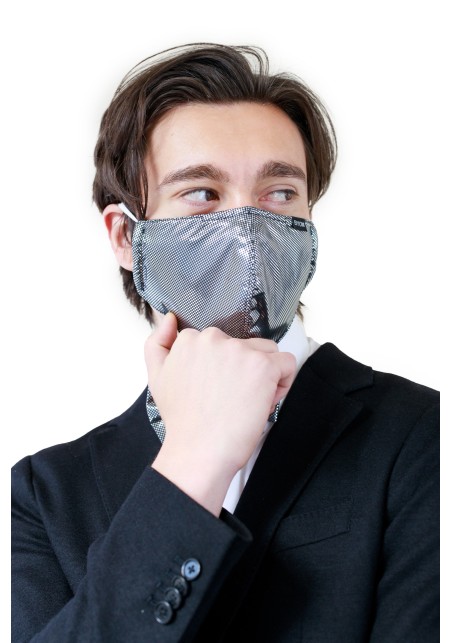 Metallic Pin Dot Mask in Black and Silver model styled