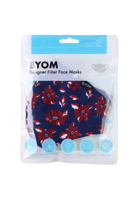 Blue and Wine Red Floral Print Mask in Mask Bag
