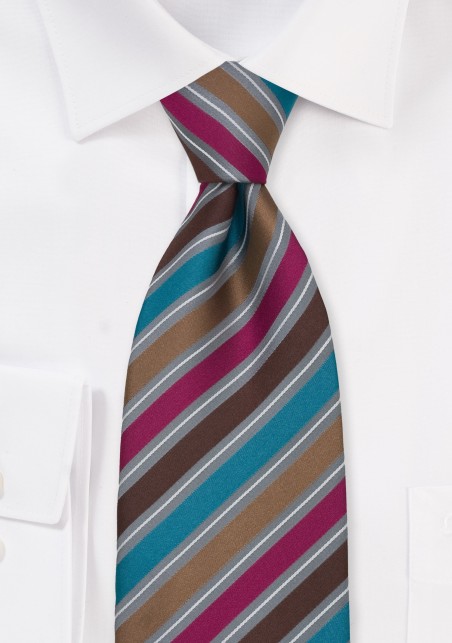 Modern Striped Tie in Brown, Pink, Gray, and Teal