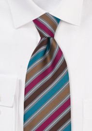 Modern Striped Tie in Brown, Pink, Gray, and Teal
