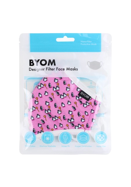 Penguin Print Mask for Kids in Pink in Mask Bag