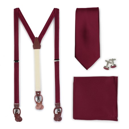 Wedding Suspender and Necktie Set in Wine Red