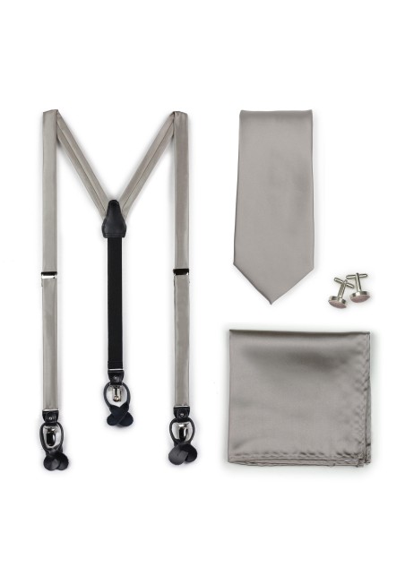Mercury Suspender Necktie Set | Formal Satin Suspender + Matching Mens Tie in Mercury Silver