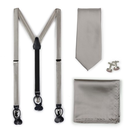 Mercury Suspender Necktie Set | Formal Satin Suspender + Matching Mens Tie in Mercury Silver