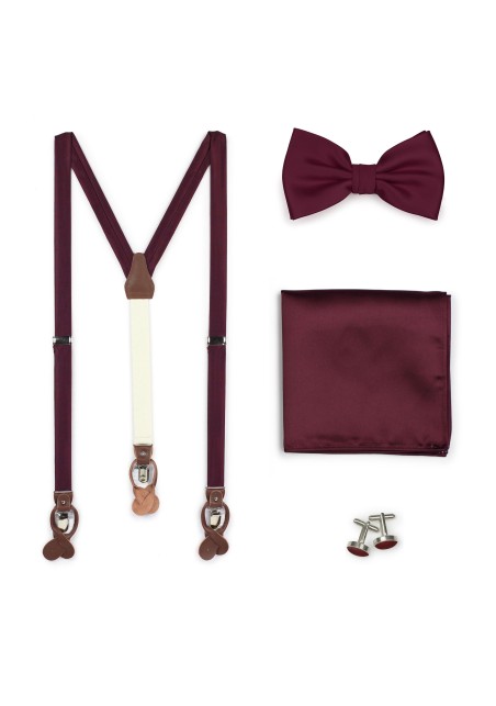 Plum Suspender Gift Set | Formal Dress Suspenders, Bow Ties, Pocket Square, and Cufflinks in Plum