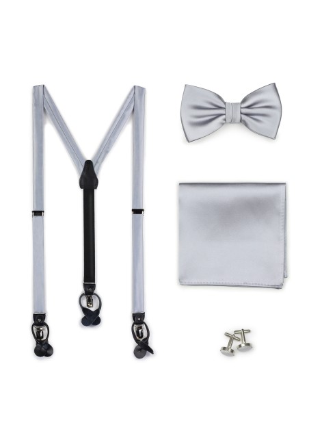 Silver Satin Bow Tie and Suspender Set