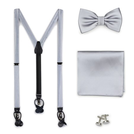 Silver Satin Bow Tie and Suspender Set