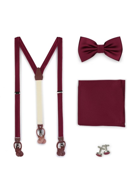 Wine Red Satin Suspender BowTie Set