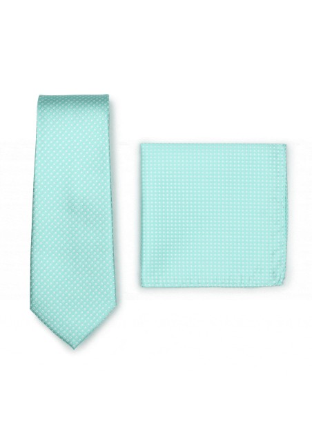 Narrow Pin Dot Tie and Hanky Set in Seamist