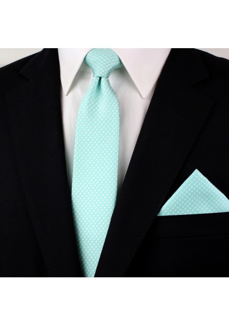 Narrow Pin Dot Tie and Hanky Set in Seamist Styled