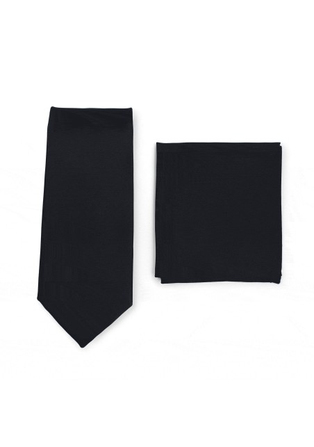 Solid Satin Necktie and Hanky Set in Jet Black