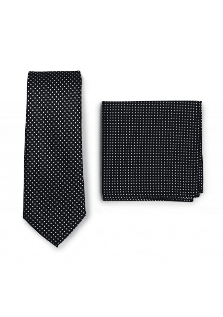 Slim Pin Dot Tie and Hanky Set in Black