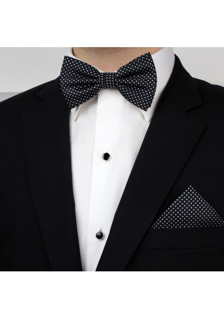 Black Pin Dot Bow Tie + Hanky Set Styled