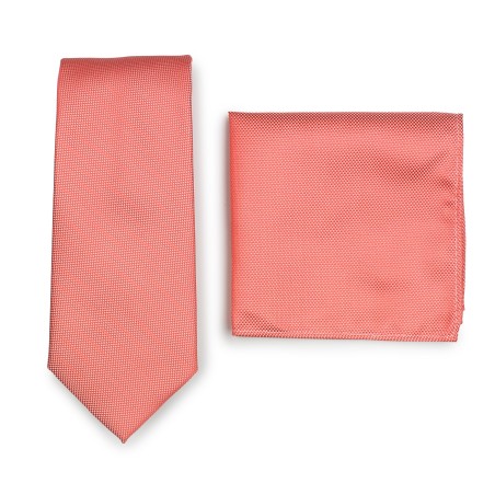 Matte Textured Tie + Hanky in Neon Coral