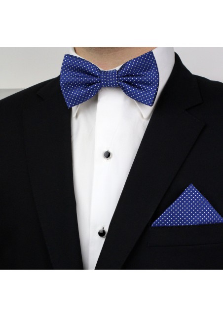 Royal Blue Pin Dot Bow Tie and Pocket Square Set Styled