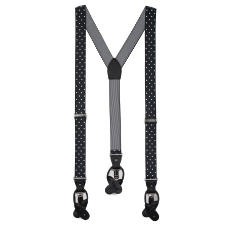 black suspenders with large white polka dots