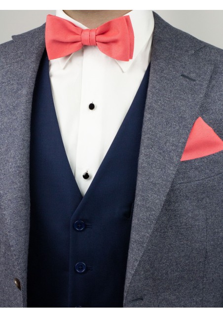 Linen Textured Bow Tie Set in Coral Styled with Suit Jacket