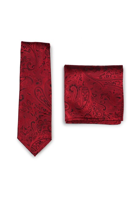 Modern Paisley Tie and Pocket Square Set in Ruby Red