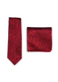 Modern Paisley Tie and Pocket Square Set in Ruby Red