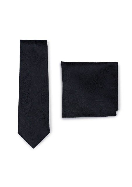 Wedding Paisley Tie and Pocket Square Set in Jet Black