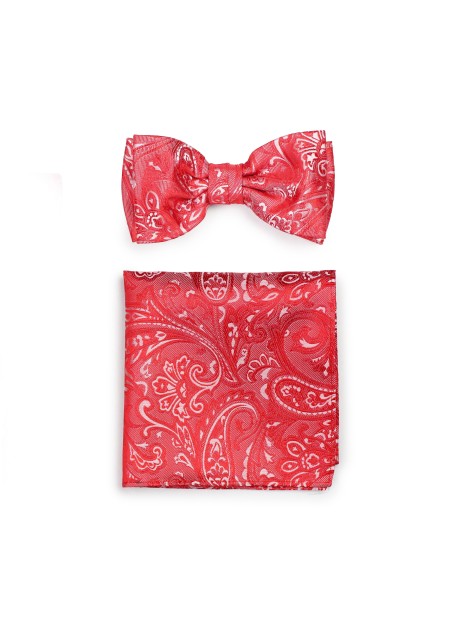 Woven Paisley Bow Tie and Pocket Square Set in Poppy Red