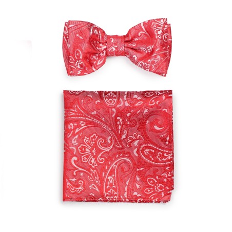 Woven Paisley Bow Tie and Pocket Square Set in Poppy Red