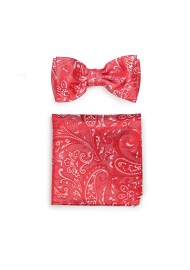 Woven Paisley Bow Tie and Pocket Square Set in Poppy Red