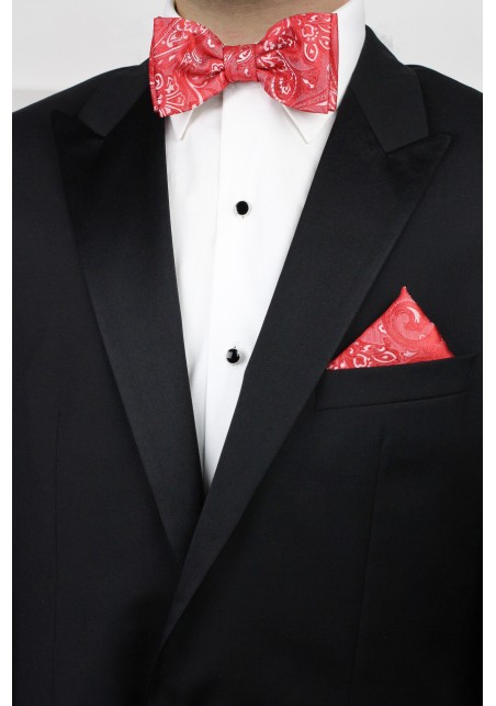 Woven Paisley Bow Tie and Pocket Square Set in Poppy Red Styled