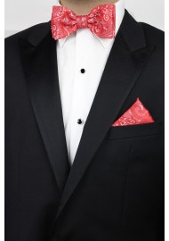 Woven Paisley Bow Tie and Pocket Square Set in Poppy Red Styled