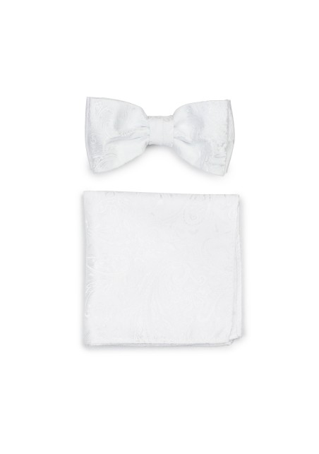 Solid Bright White Paisley Bow Tie and Pocket Square Set