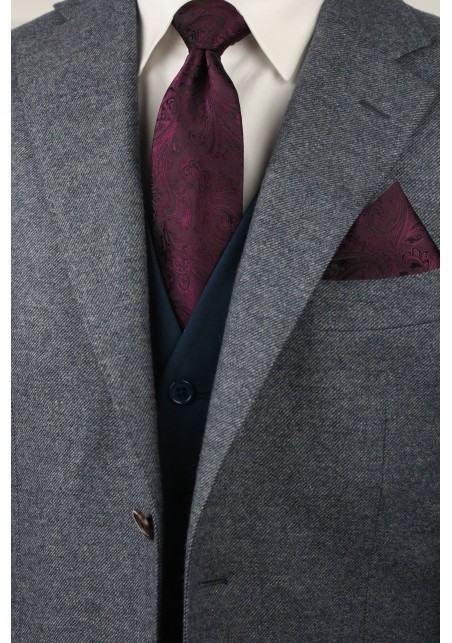 Claret Burgundy Red Paisley Tie and Hanky Set Styled