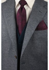 Claret Burgundy Red Paisley Tie and Hanky Set Styled