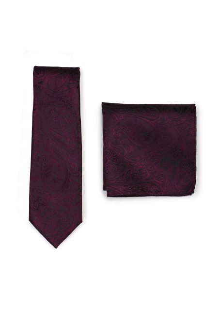 Claret Burgundy Red Paisley Tie and Hanky Set