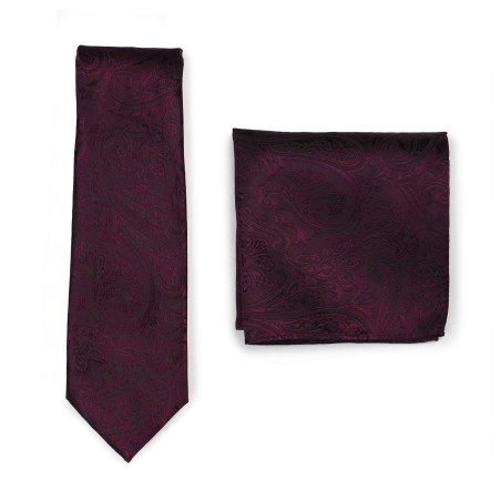 Claret Burgundy Red Paisley Tie and Hanky Set