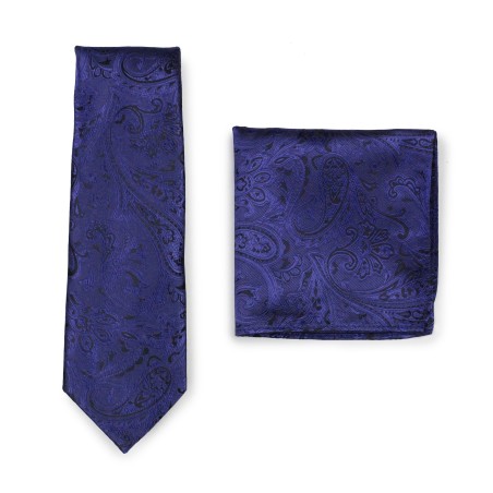 Ultramarine and Black Paisley Tie with Pocket Square Combo Set