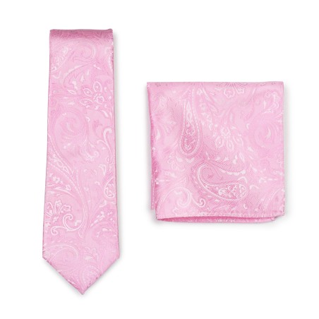 Mens Paisley Tie and Hanky Set in Carnation Pink