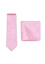 Mens Paisley Tie and Hanky Set in Carnation Pink