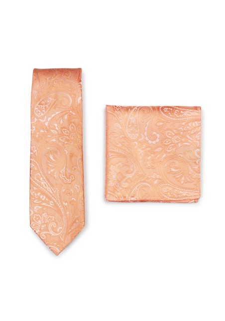 Peach Summer Paisley Tie and Pocket Square Combo