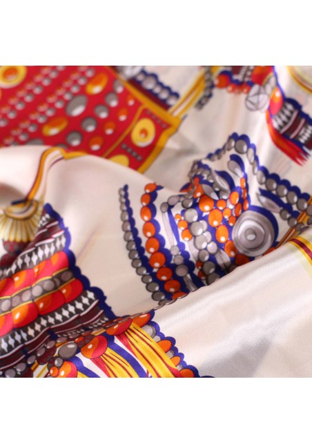 Ancient Jewelry Design Print Scarf in Cream, Gold, and Navy Detail Close Up