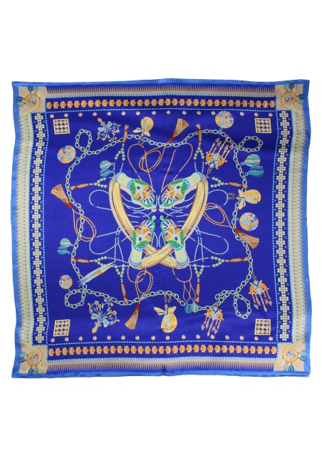Rich Blue Ladies Silk Scarf with Golden Designer Print