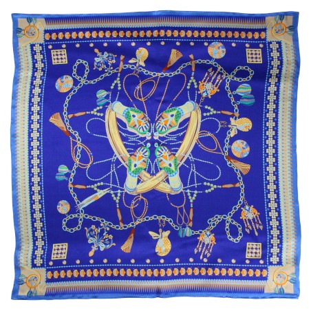 Rich Blue Ladies Silk Scarf with Golden Designer Print